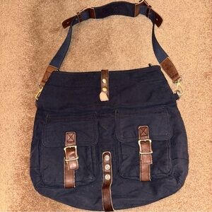 2/$30 Gap Navy Blue and Brown Canvas Shoulder Messenger Cotton Bag